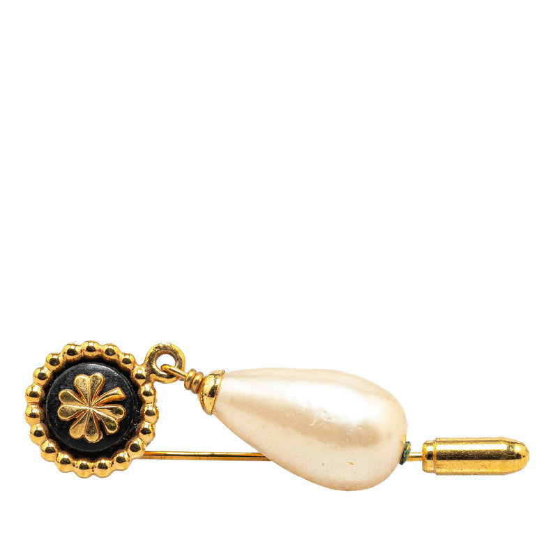 Top Quality Chanel Clover Motif Faux Pearl Brooch Gold Plated