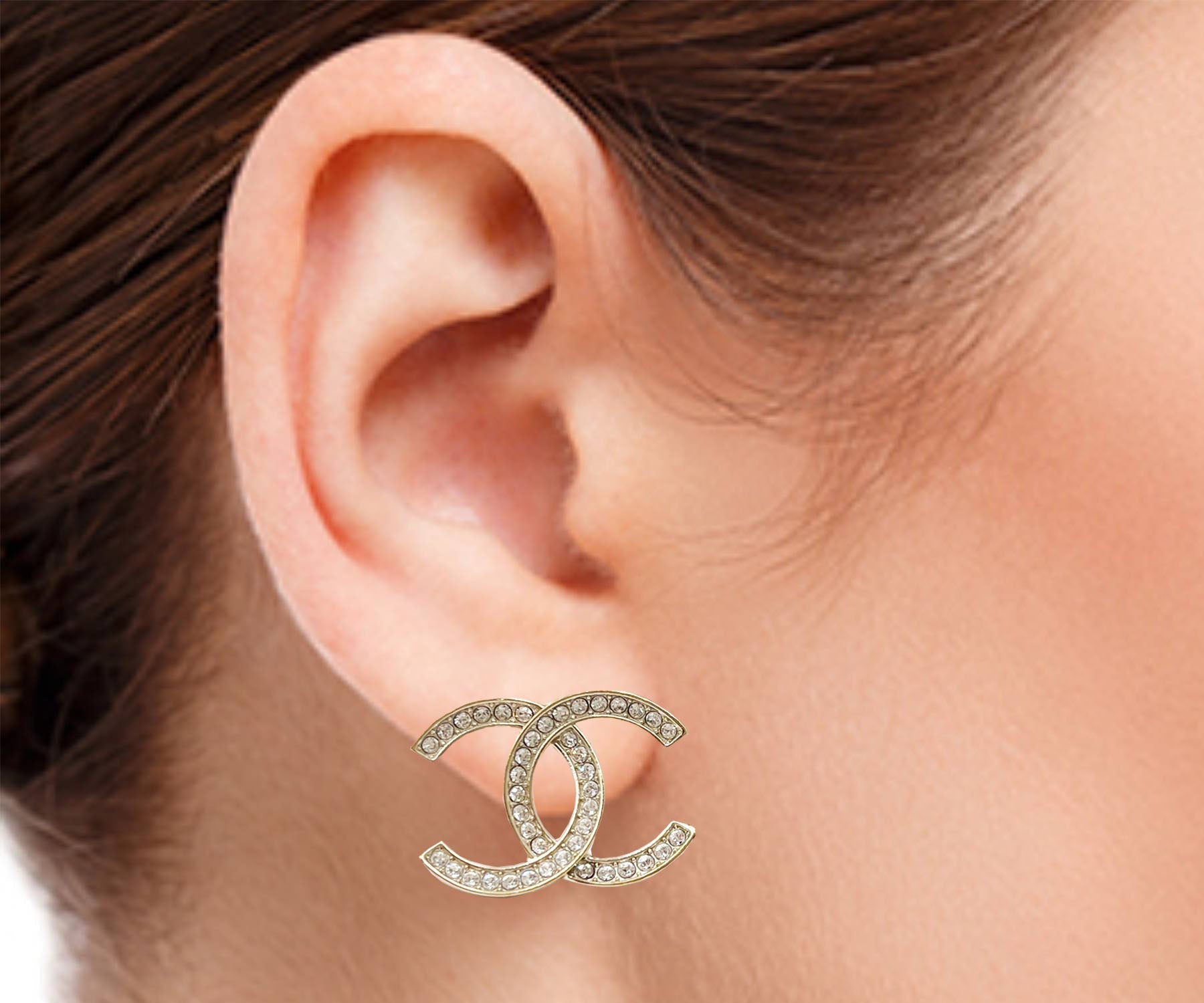 Top Quality Chanel Classic Gold CC Thin Crystal Large Piercing Earrings