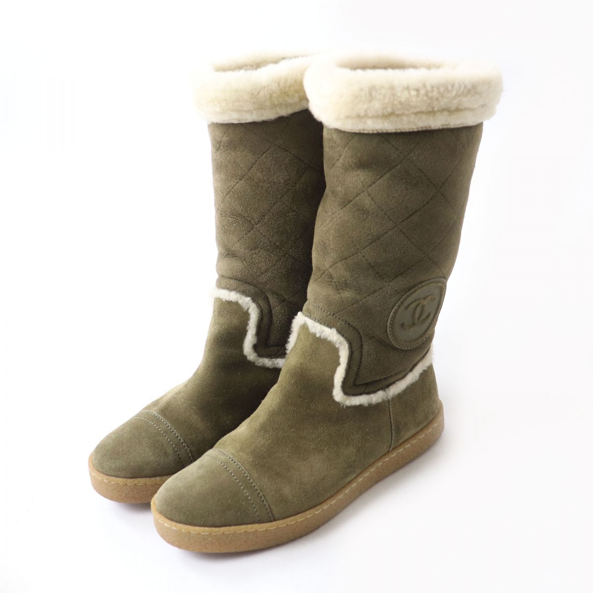 Top Quality Chanel Shearling Boots G26557 Khaki Ivory
