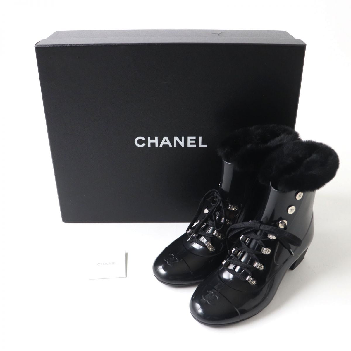 Top Quality Chanel COCO Mark Fur Lace-Up Rain Boots