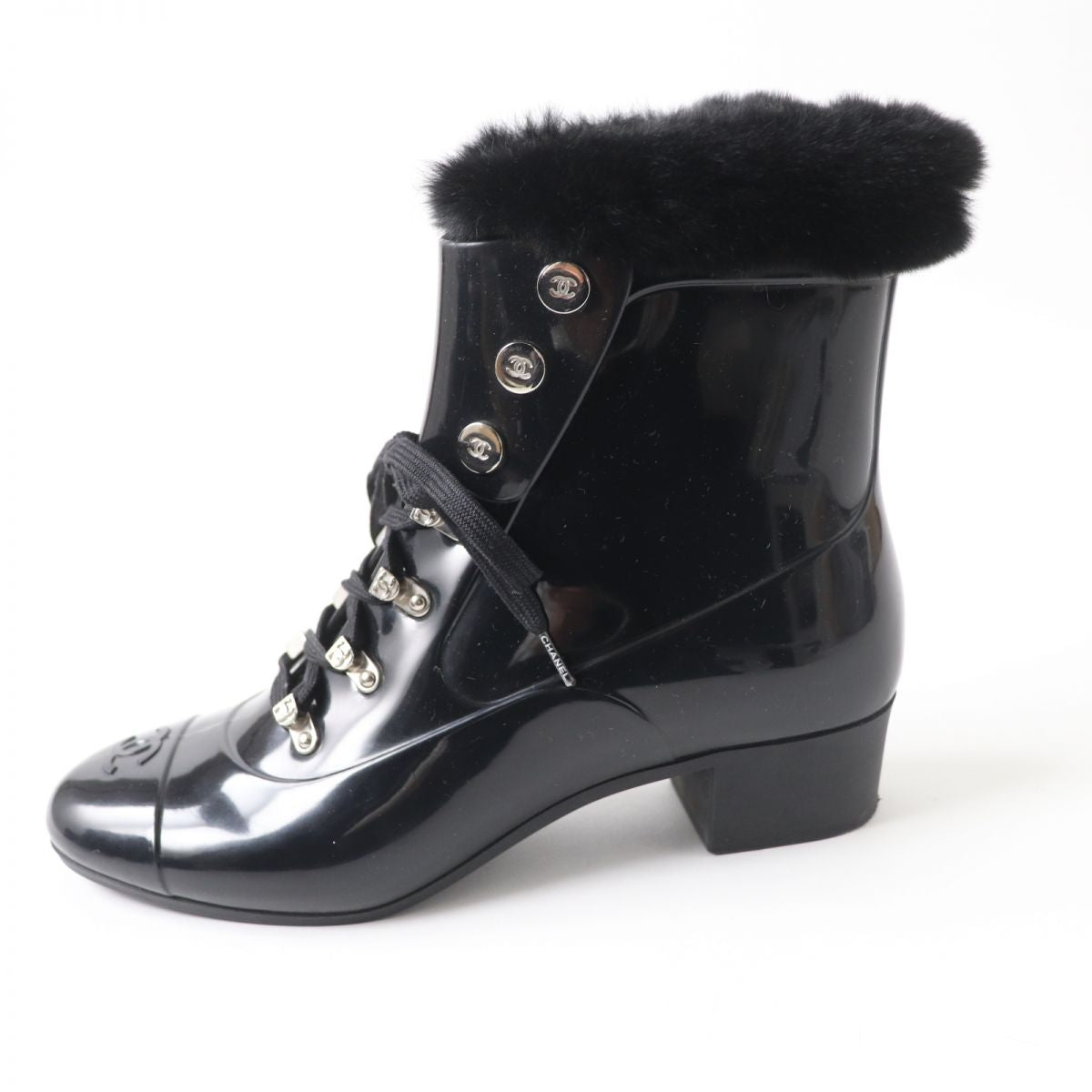 Top Quality Chanel COCO Mark Fur Lace-Up Rain Boots