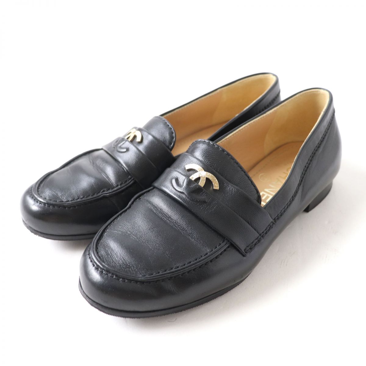 Top Quality Chanel COCO Mark Leather Loafers Black Gold