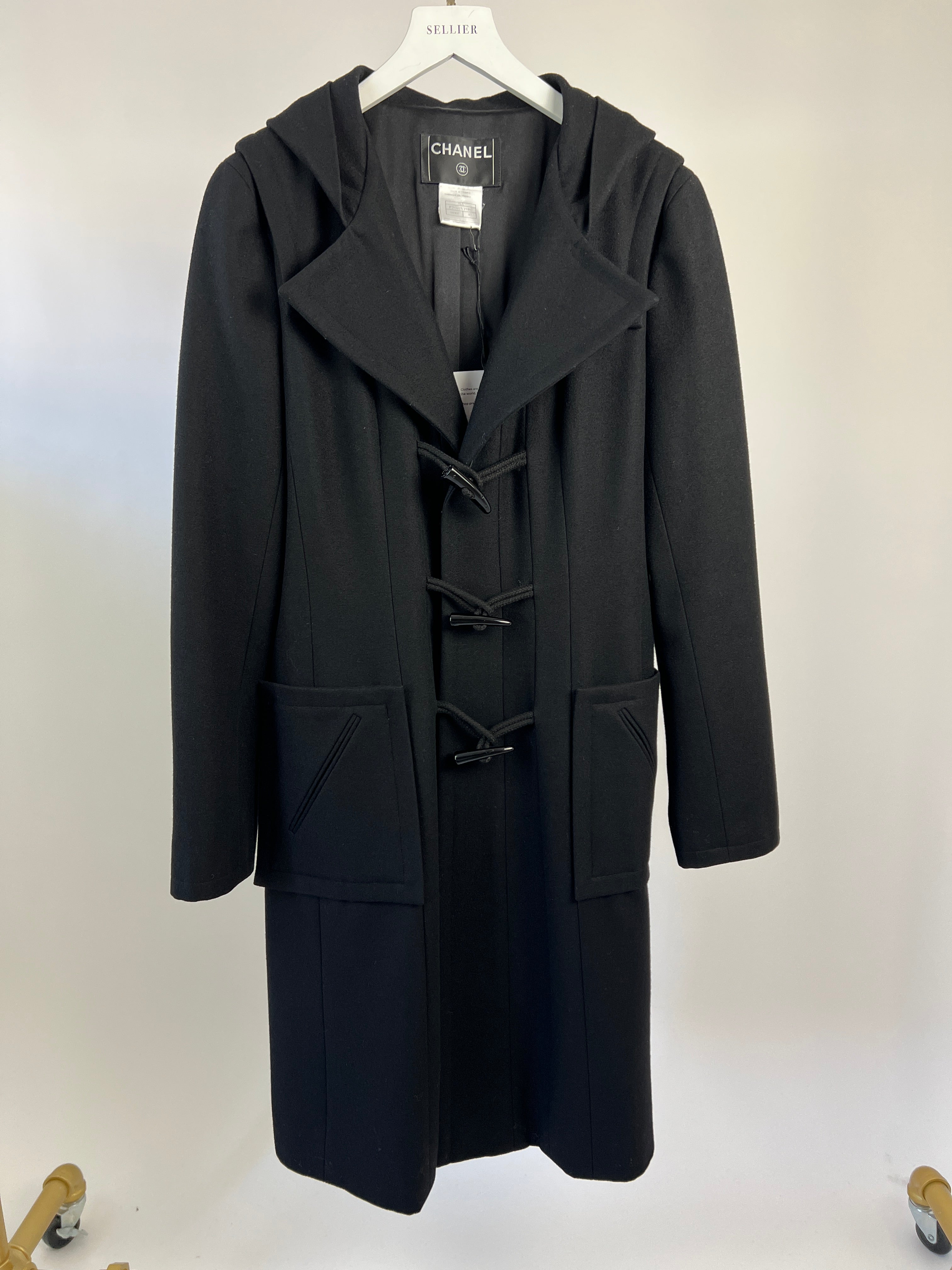 Top Quality Chanel Black Hooded Longline Wool Coat with Toggle Fasten Detail FR 42 (UK 10)
