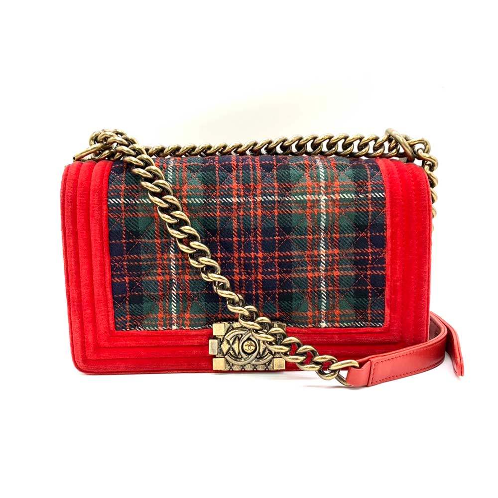 Top Quality Chanel Boy Chain Shoulder Bag Red Green Check
