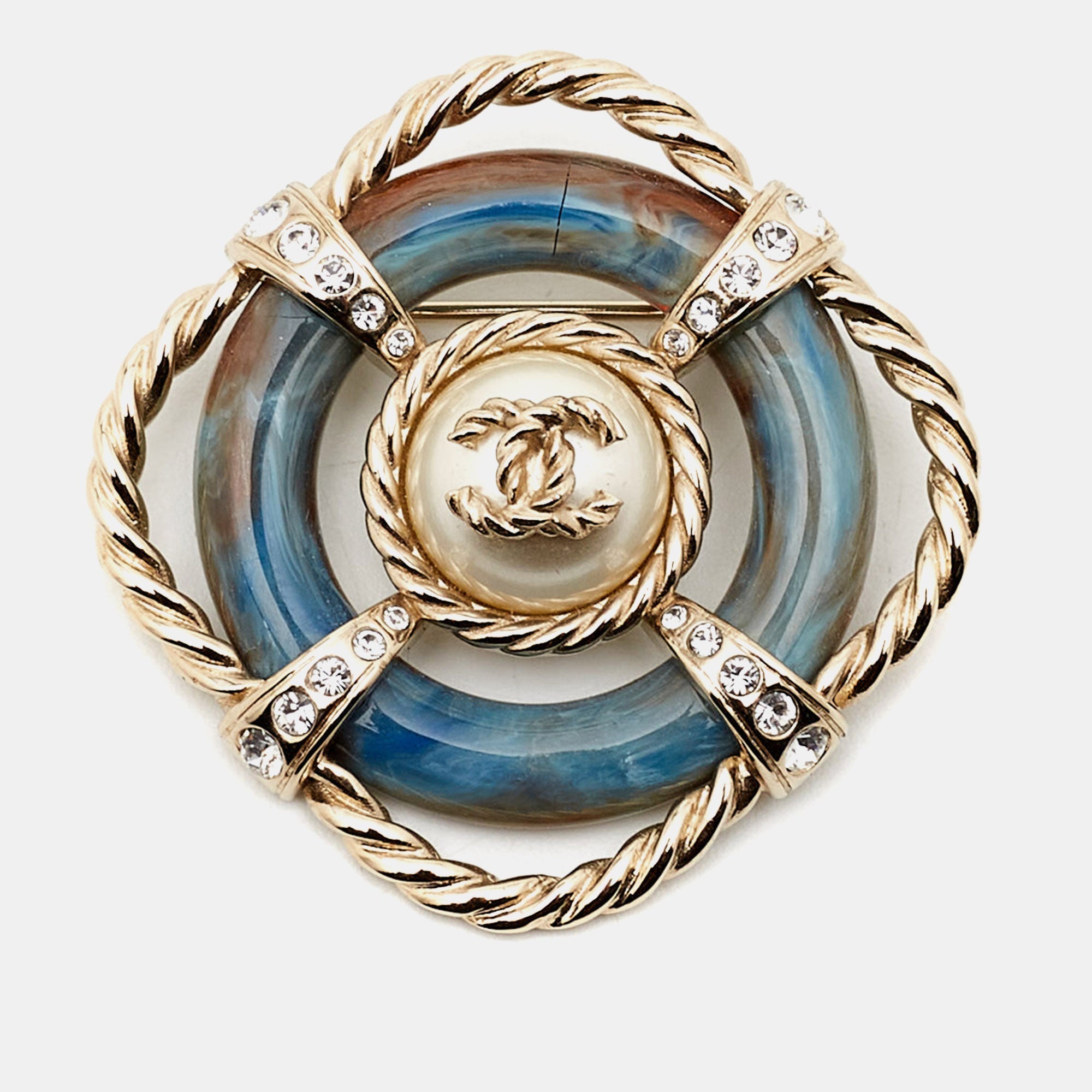 Top Quality Chanel CC Resin Faux Pearl Crystal Gold Tone Brooch