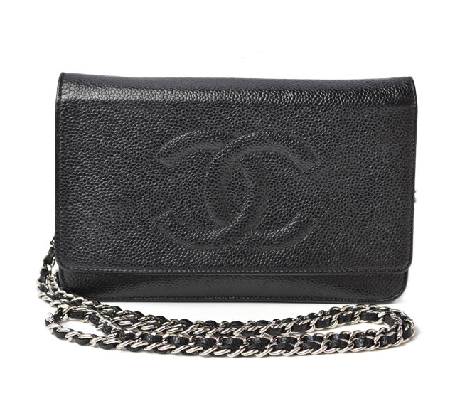 Top Quality Chanel Caviar Skin Chain Wallet Shoulder Bag Black Silver Hardware