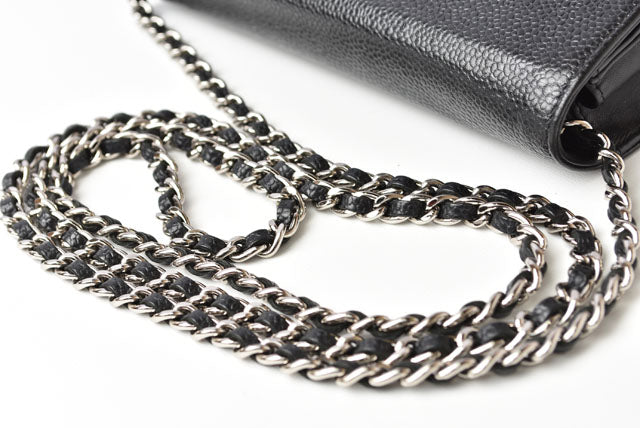 Top Quality Chanel Caviar Skin Chain Wallet Shoulder Bag Black Silver Hardware