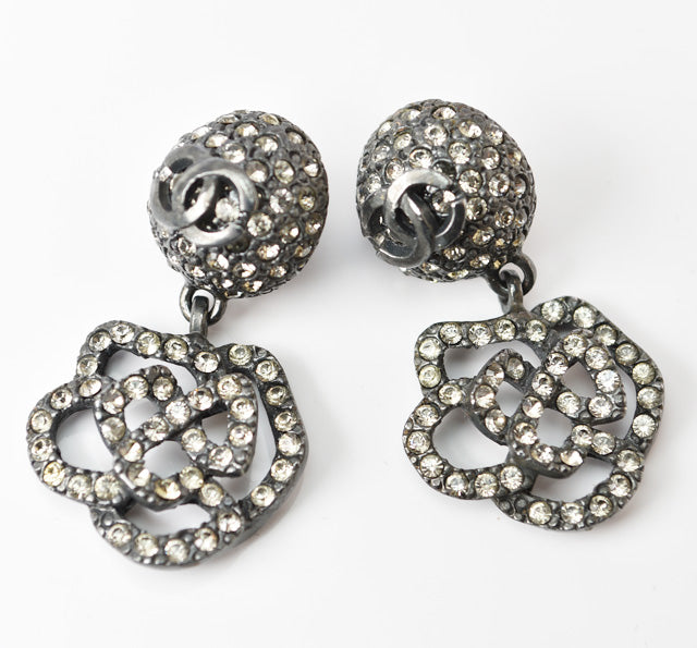 Top Quality Chanel Camellia Motif Rhinestone Silver Earrings