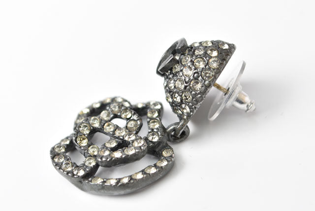 Top Quality Chanel Camellia Motif Rhinestone Silver Earrings