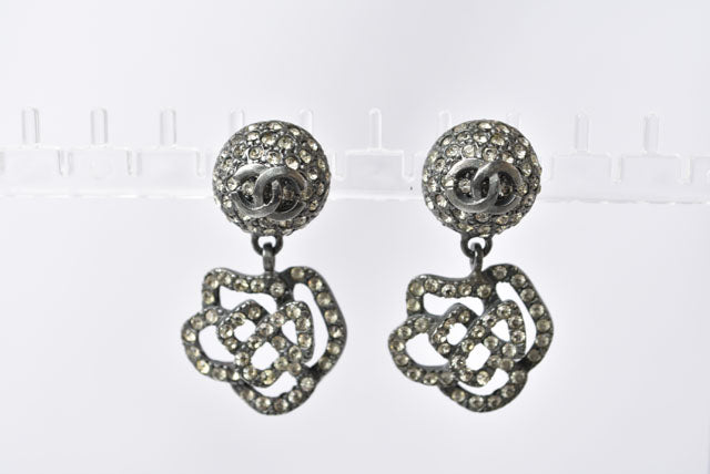 Top Quality Chanel Camellia Motif Rhinestone Silver Earrings