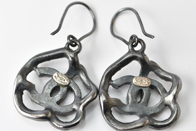 Top Quality Chanel Camellia Motif Rhinestone Earrings. Chrome Silver