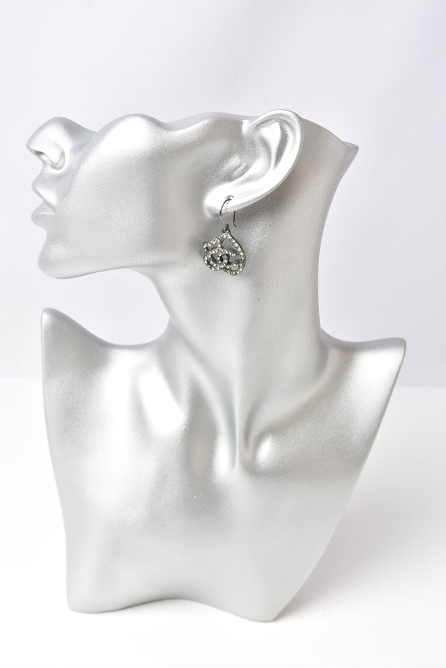 Top Quality Chanel Camellia Motif Rhinestone Earrings. Chrome Silver