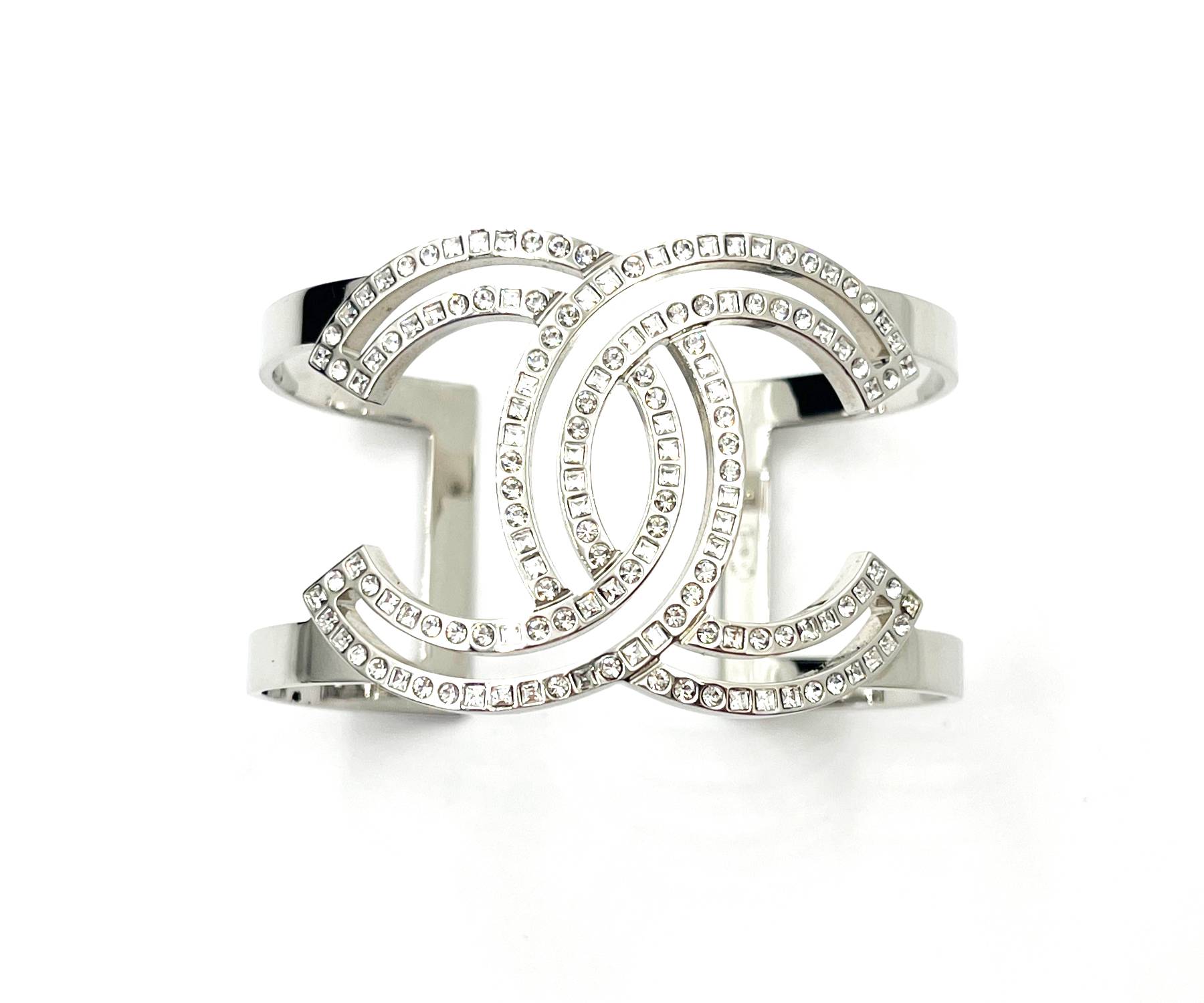 Top Quality Chanel Classic Silver CC Square Round Crystal Cutout Double Cuff Bracelet