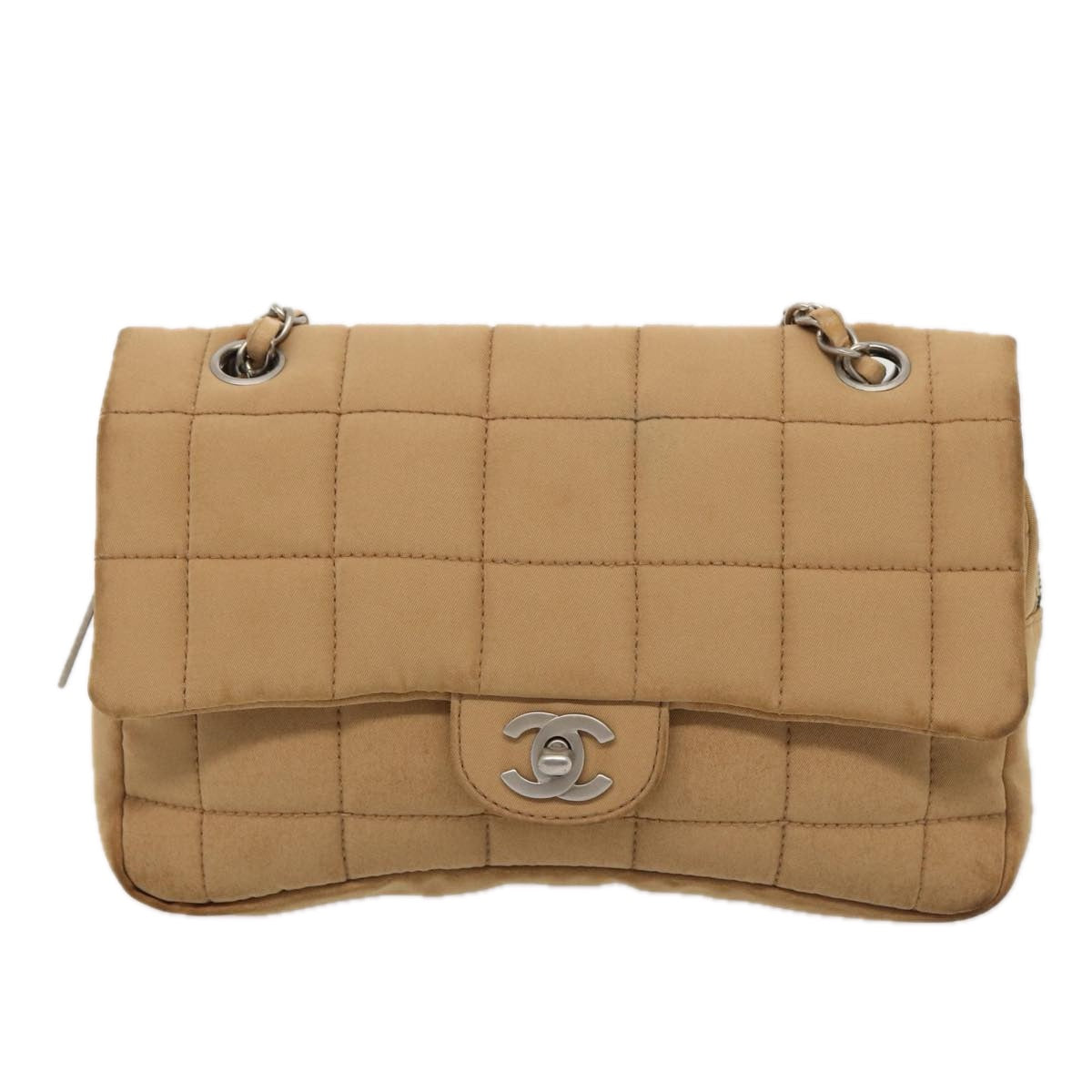 Top Quality Chanel Choco Bar Turn Lock ChainShoulder Bag Canvas Brown CC Auth yk14020