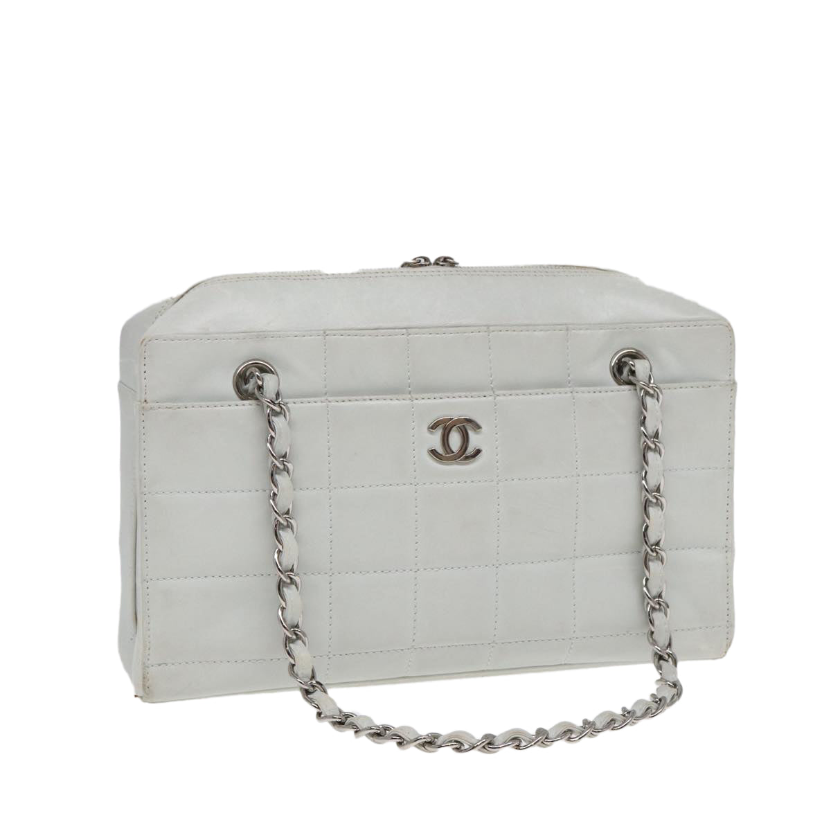 Top Quality Chanel Choco Bar Chain Hand Bag Leather White Silver CC Auth yk14303