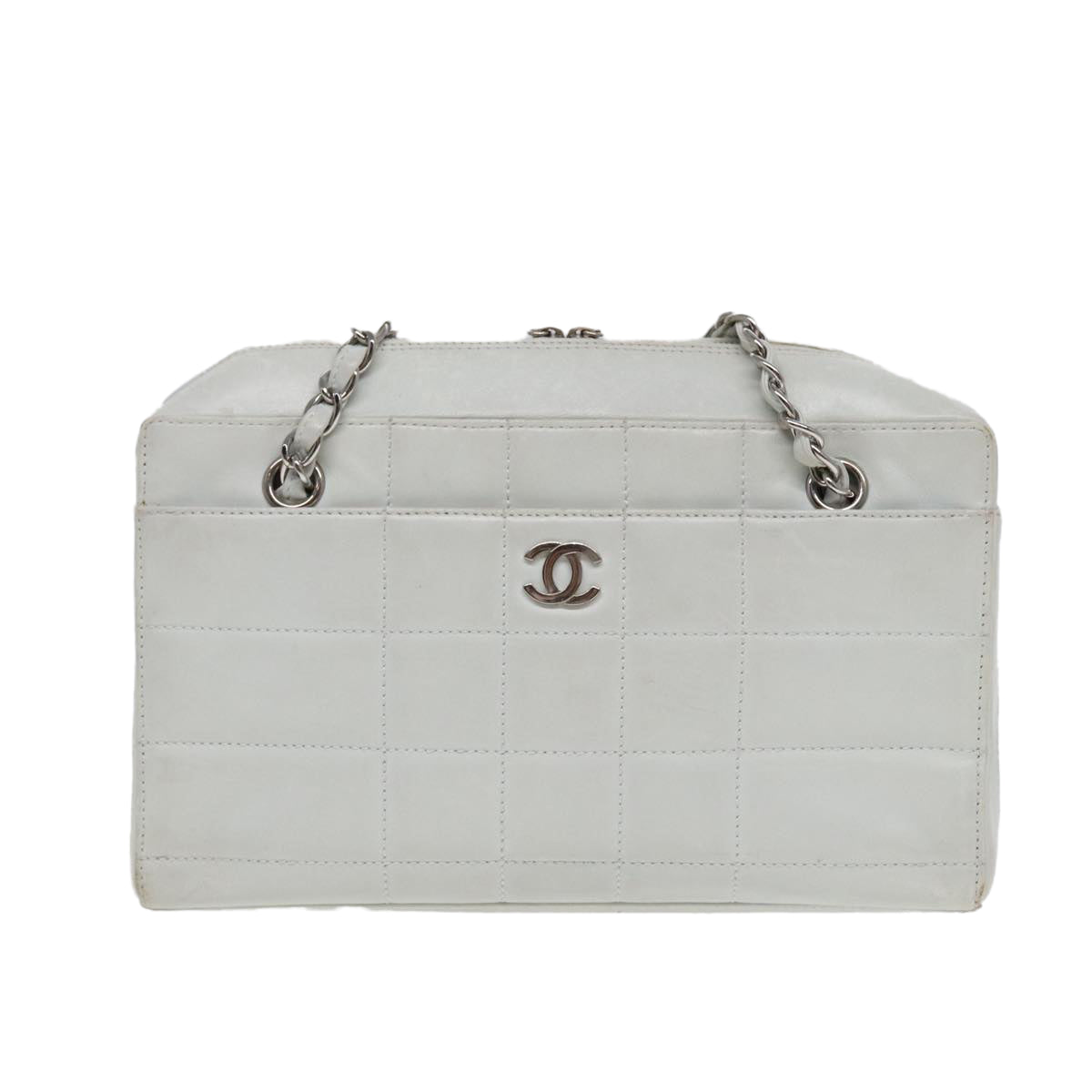 Top Quality Chanel Choco Bar Chain Hand Bag Leather White Silver CC Auth yk14303