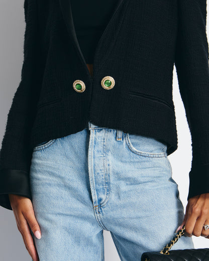 Top Quality Chanel Black Tweed Jacket with Satin Collar and Crystal Button Detail FR 42 (UK 14)