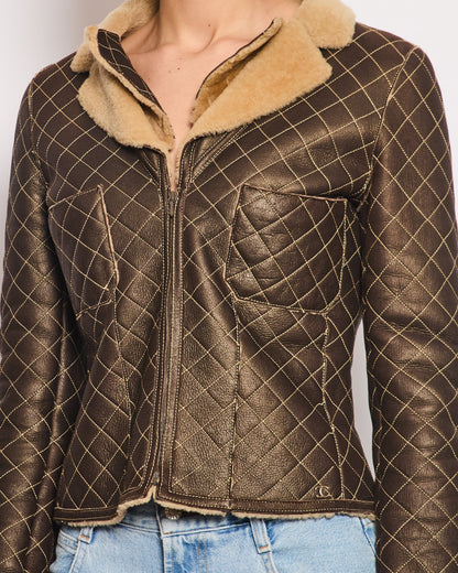 Top Quality Chanel Brown Quilted Stitch Shearling Zip -Up Jacket With Double Collar Detail FR 36 (UK 8)