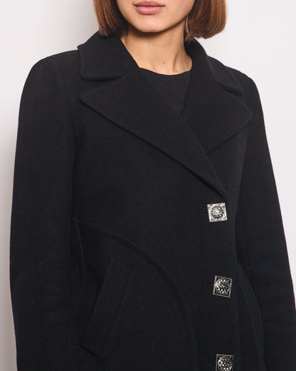 Top Quality Chanel Black Wool Coat with Square Ruthenium CC Logo Buttons Size FR 34 (UK 6)