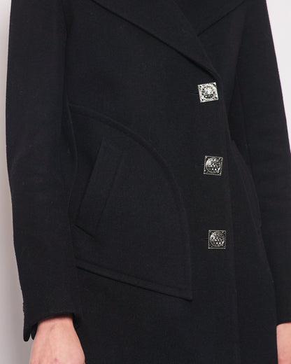 Top Quality Chanel Black Wool Coat with Square Ruthenium CC Logo Buttons Size FR 34 (UK 6)