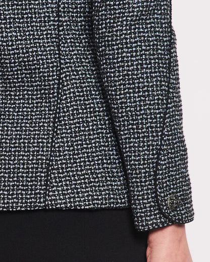 Top Quality Chanel Black & Grey Metallic Tweed Curved Hem Jacket with Ruthenium CC Button Detail FR 36 (UK 8)