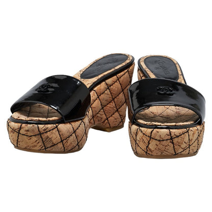 Top Quality Chanel Patent Wedge Sandals Black Beige