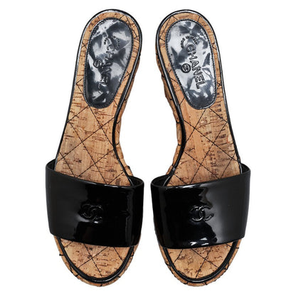 Top Quality Chanel Patent Wedge Sandals Black Beige
