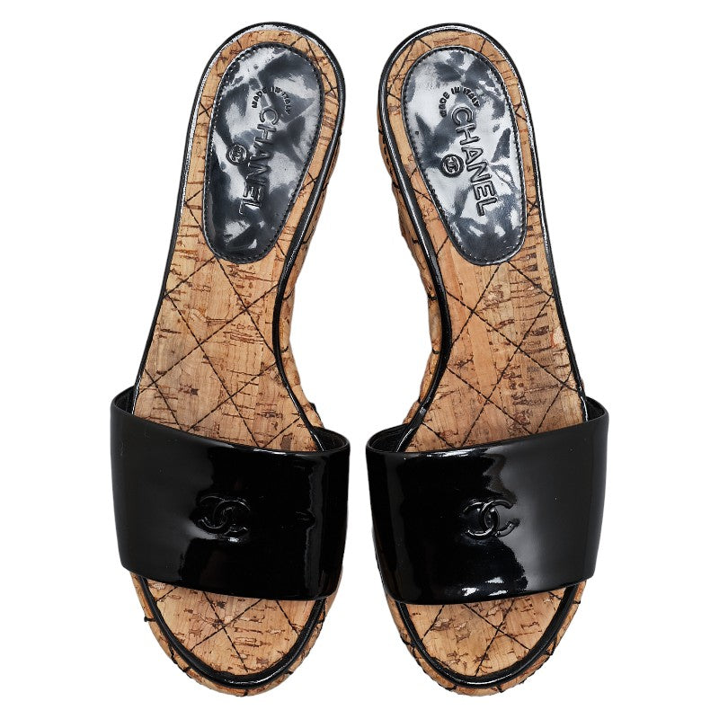 Top Quality Chanel Patent Wedge Sandals Black Beige