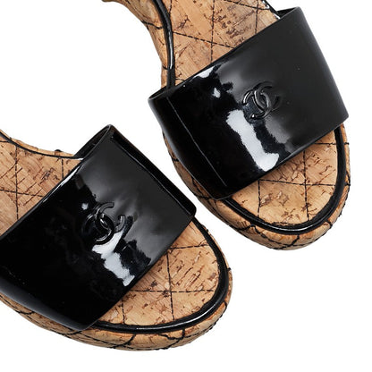 Top Quality Chanel Patent Wedge Sandals Black Beige