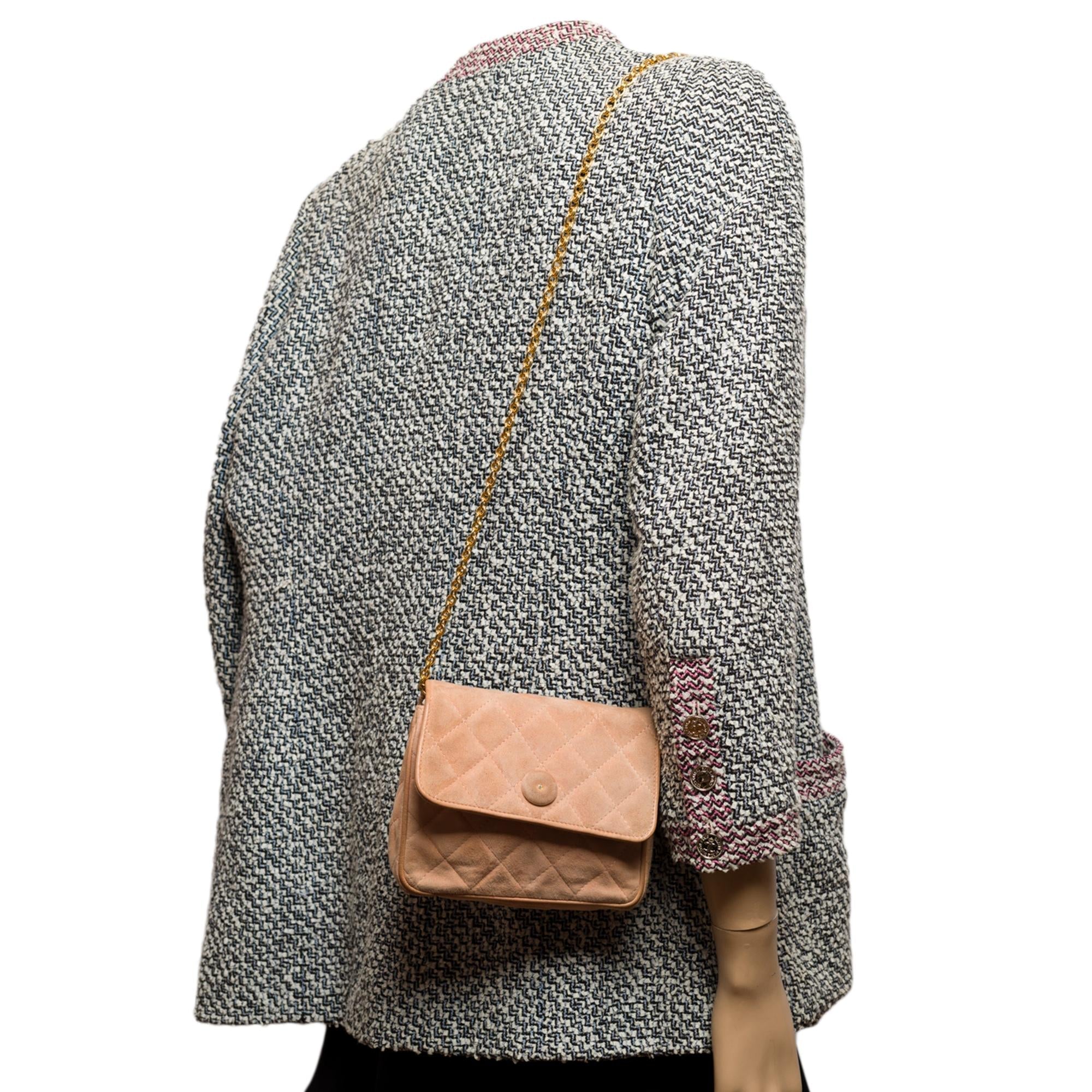 Top Quality Chanel Classic Mini shoulder New Bag in pink quilted suede. GHW