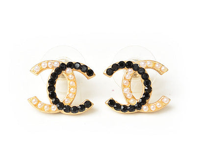 Top Quality Chanel Earrings CC Mark Pearl Motif Rhinestone Black/Gold