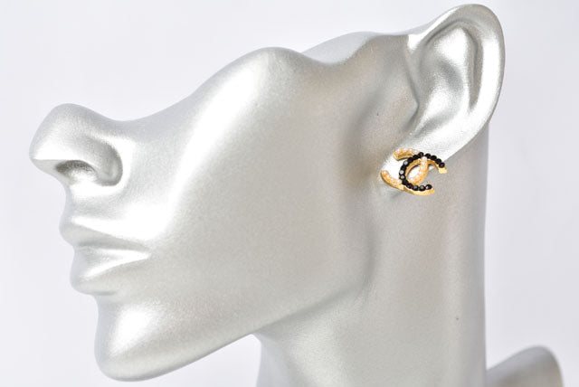 Top Quality Chanel Earrings CC Mark Pearl Motif Rhinestone Black/Gold