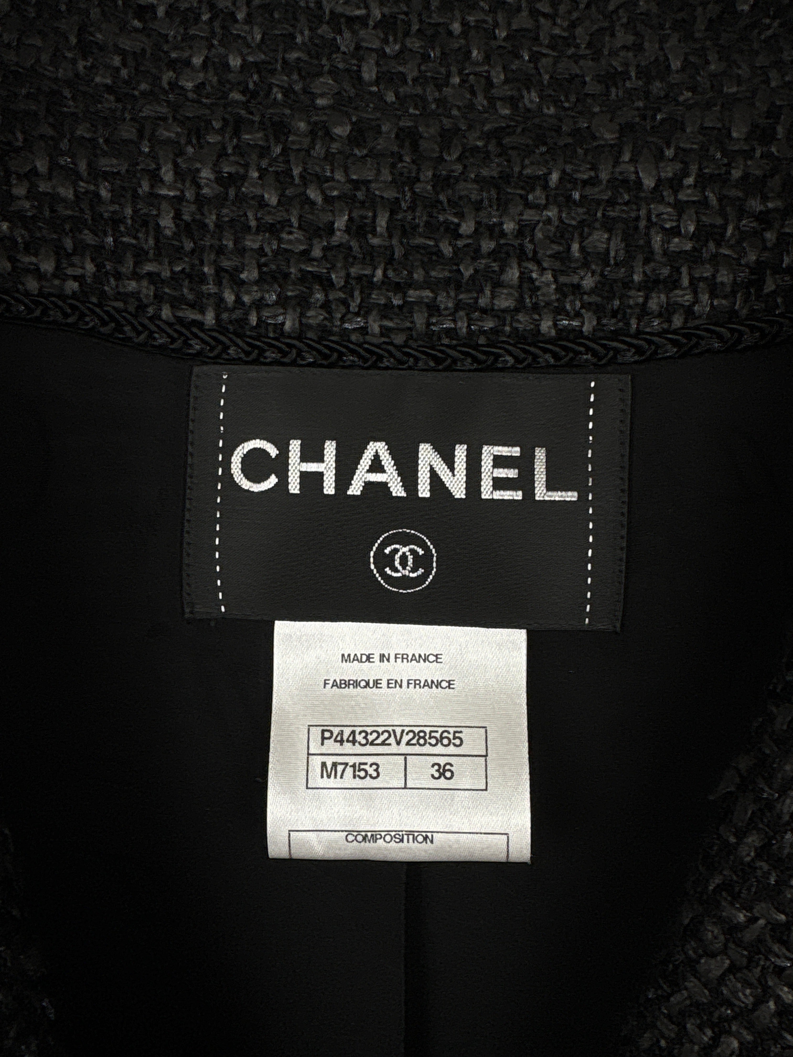 Top Quality Chanel Black Coated Tweed Curved Hem Jacket with Silver CC Button Detail FR 36 (UK 8)