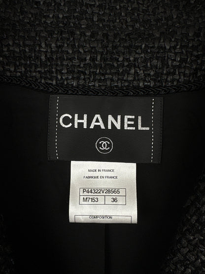 Top Quality Chanel Black Coated Tweed Curved Hem Jacket with Silver CC Button Detail FR 36 (UK 8)