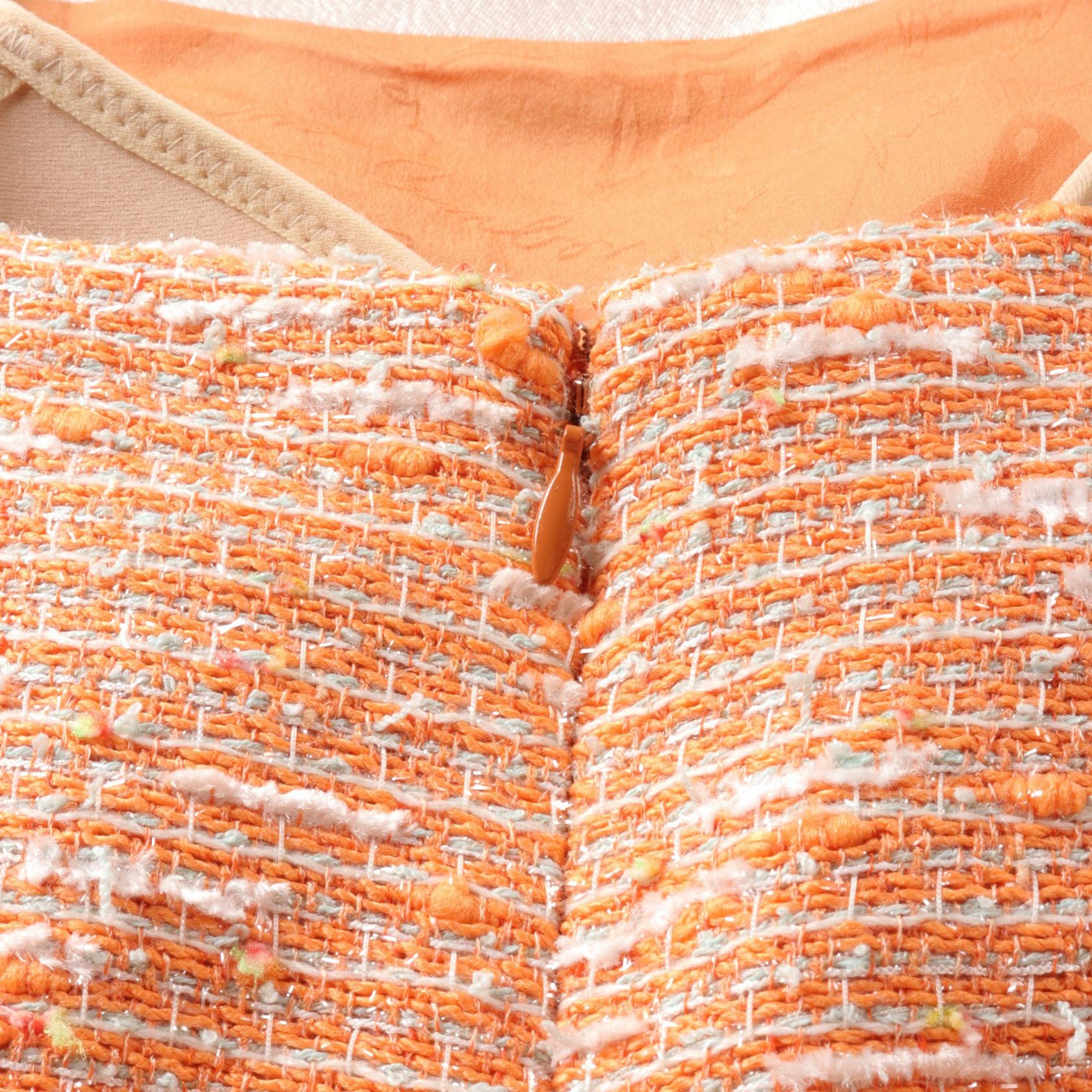 Top Quality Chanel Tweed Dress Polyester Orange/White