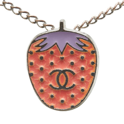 Top Quality Chanel Coco Mark Strawberry Motif Necklace Silver Pink Metal
