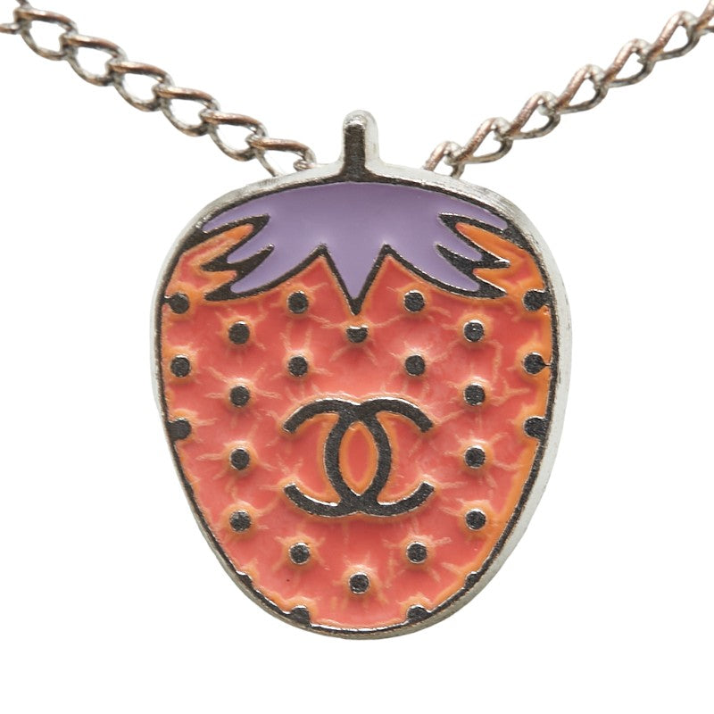 Top Quality Chanel Coco Mark Strawberry Motif Necklace Silver Pink Metal