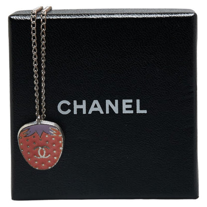 Top Quality Chanel Coco Mark Strawberry Motif Necklace Silver Pink Metal