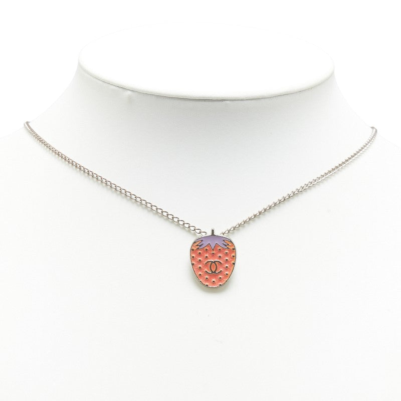 Top Quality Chanel Coco Mark Strawberry Motif Necklace Silver Pink Metal