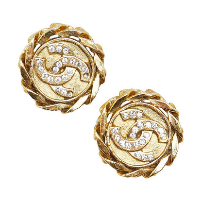Top Quality Chanel Coco Mark Round Rhinestone Clip-On Earrings Gold Plated