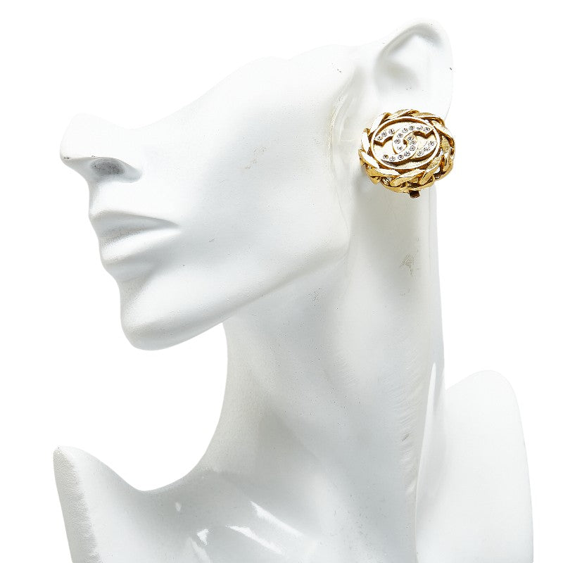 Top Quality Chanel Coco Mark Round Rhinestone Clip-On Earrings Gold Plated
