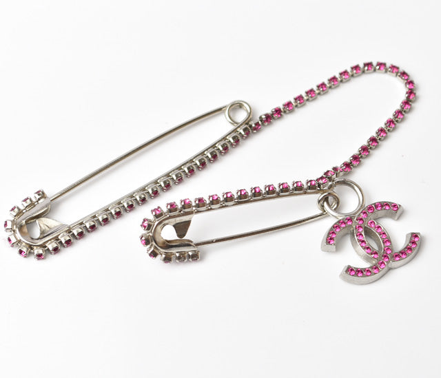 Top Quality Chanel Brooch Coco Mark Rhinestone Silver Magenta