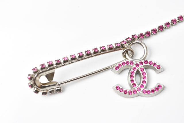 Top Quality Chanel Brooch Coco Mark Rhinestone Silver Magenta