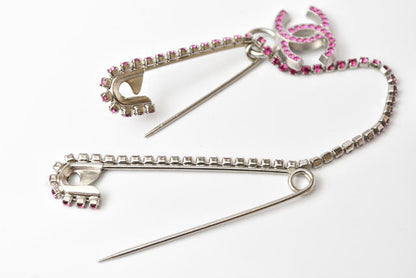 Top Quality Chanel Brooch Coco Mark Rhinestone Silver Magenta