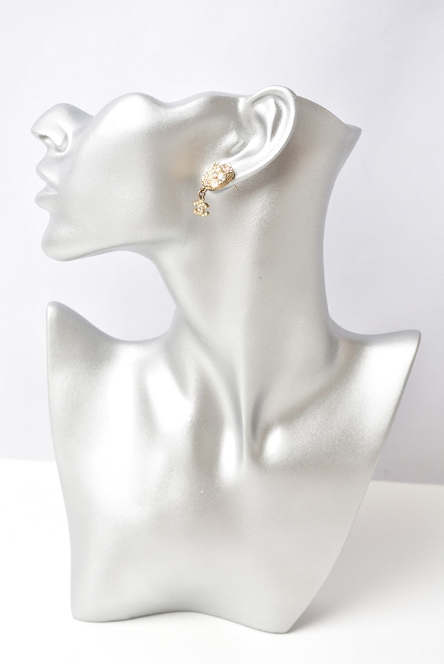 Top Quality Chanel Circle Pearl Motif Logo Rhinestone Gold Earrings