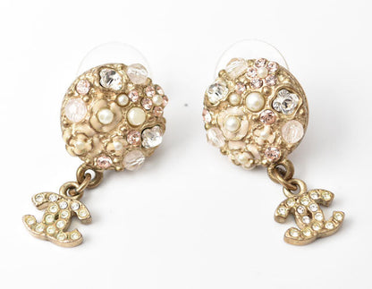 Top Quality Chanel Circle Pearl Motif Logo Rhinestone Gold Earrings