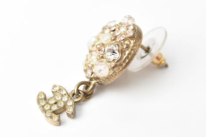 Top Quality Chanel Circle Pearl Motif Logo Rhinestone Gold Earrings