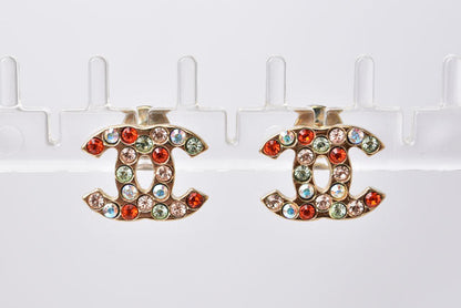 Top Quality Chanel Earrings Coco Mark CC Gold Red Multicolor Rhinestone