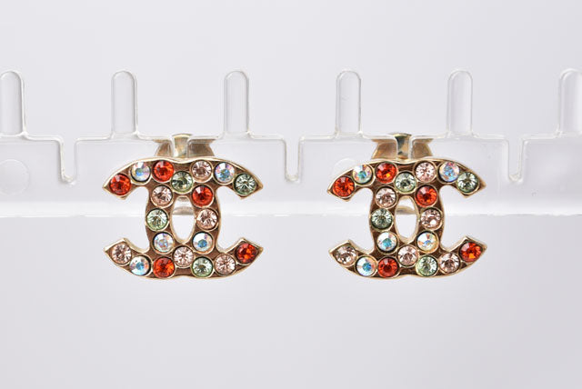 Top Quality Chanel Earrings Coco Mark CC Gold Red Multicolor Rhinestone