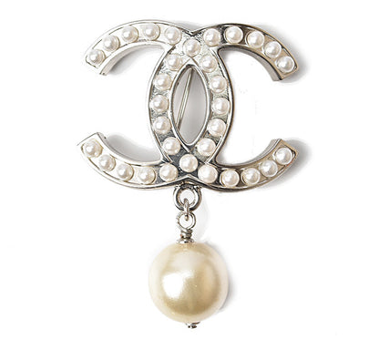 Top Quality Chanel Brooch with Rhinestones and Faux Pearls. Silver